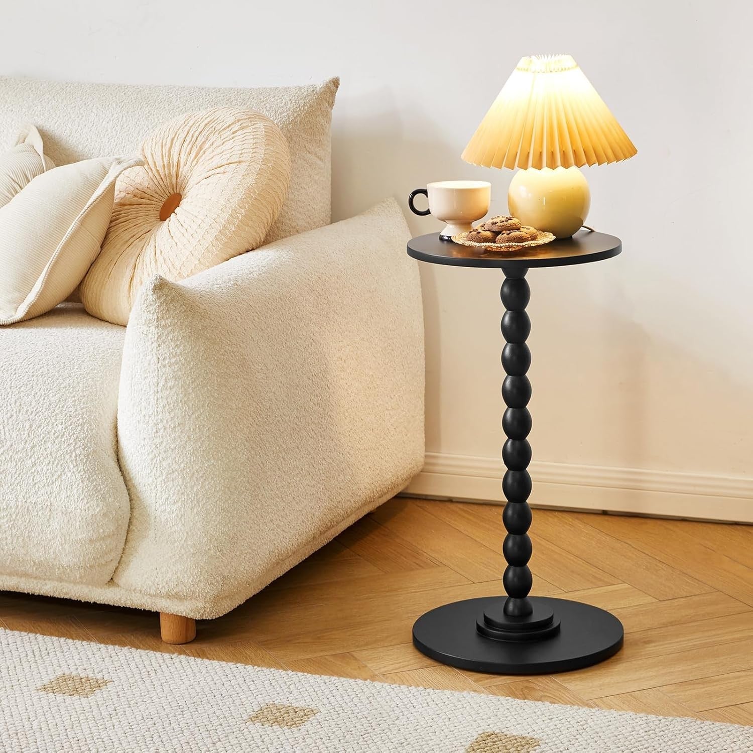 Black Round Side Table for Small Spaces – Modern Accent Table with Wood Leg Base