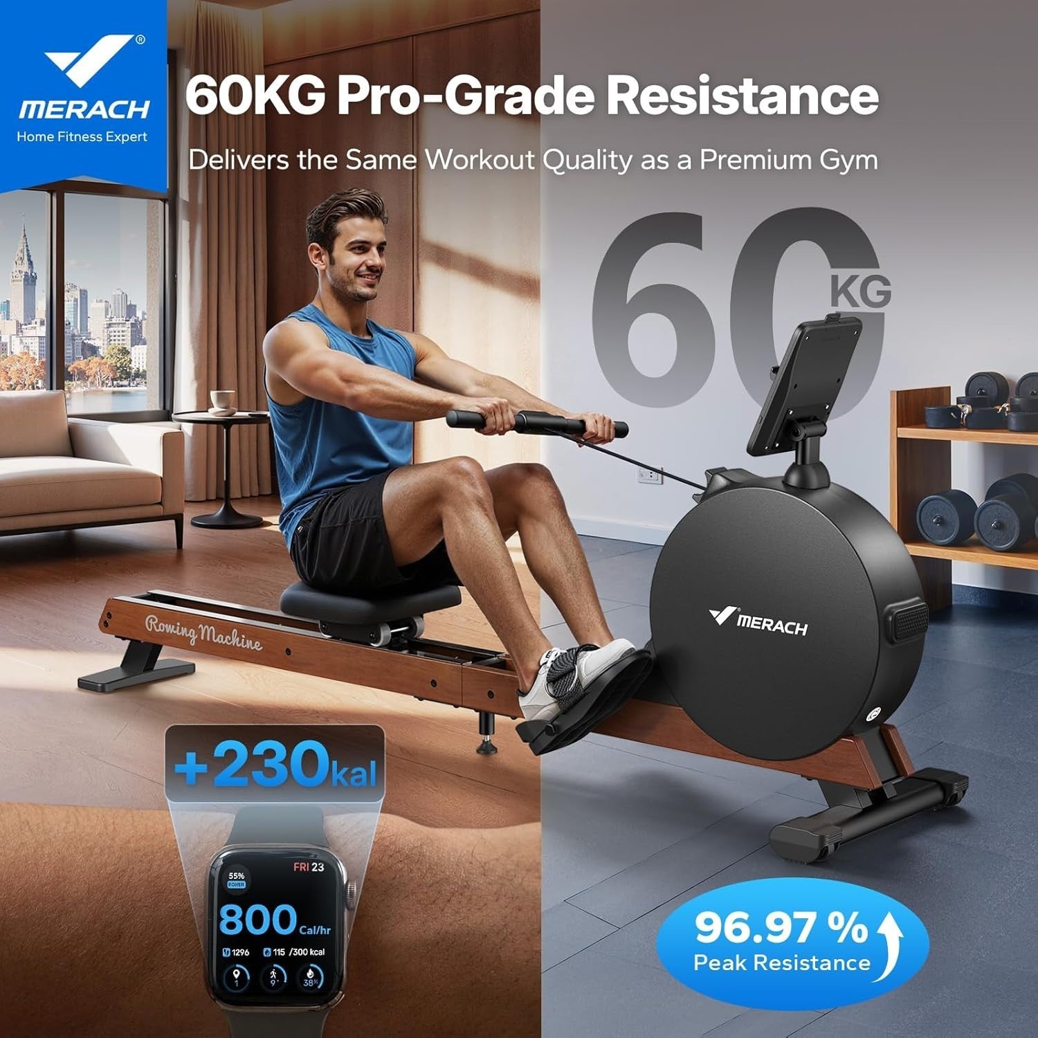 Self-Generated Rowing Machine 60kg Peak Resistance Dual Wooden Rail LED Smart