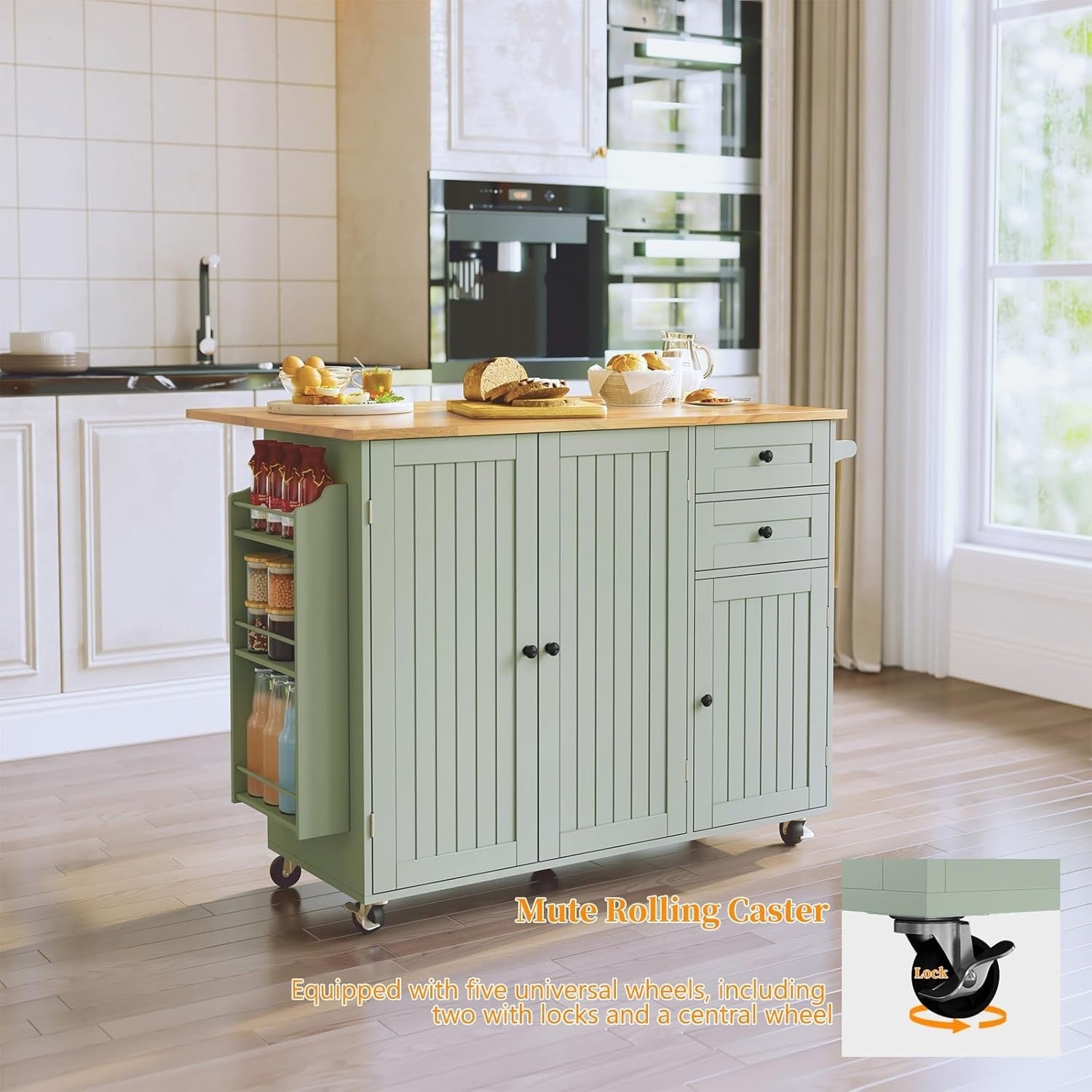 Green Rolling Kitchen Island Cart Drop Leaf 128cm Storage