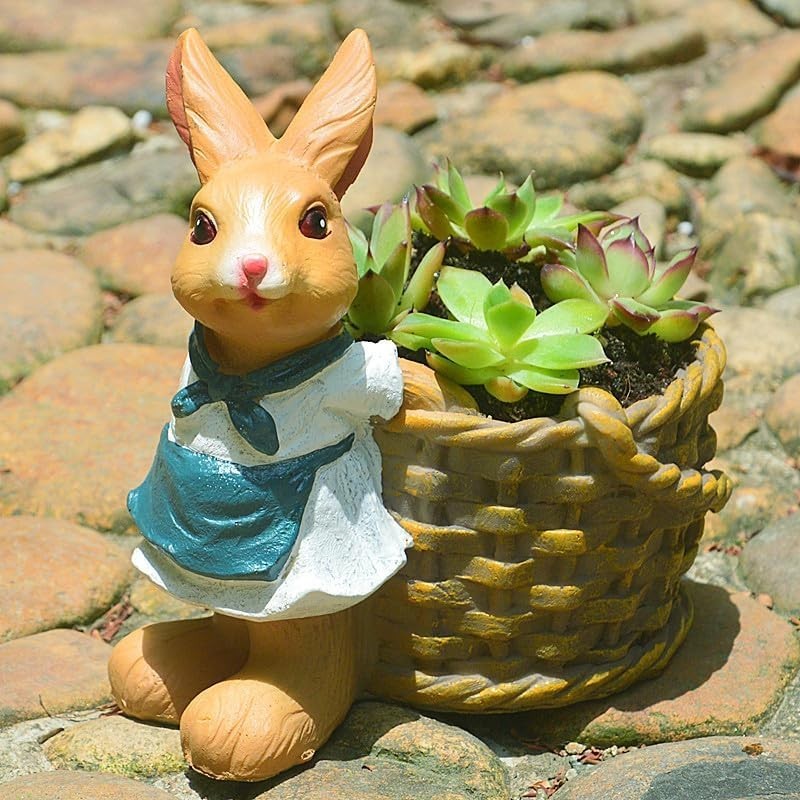Set of 2 Rabbit Garden Ornaments • Resin Outdoor Figurines with Cart & Basket