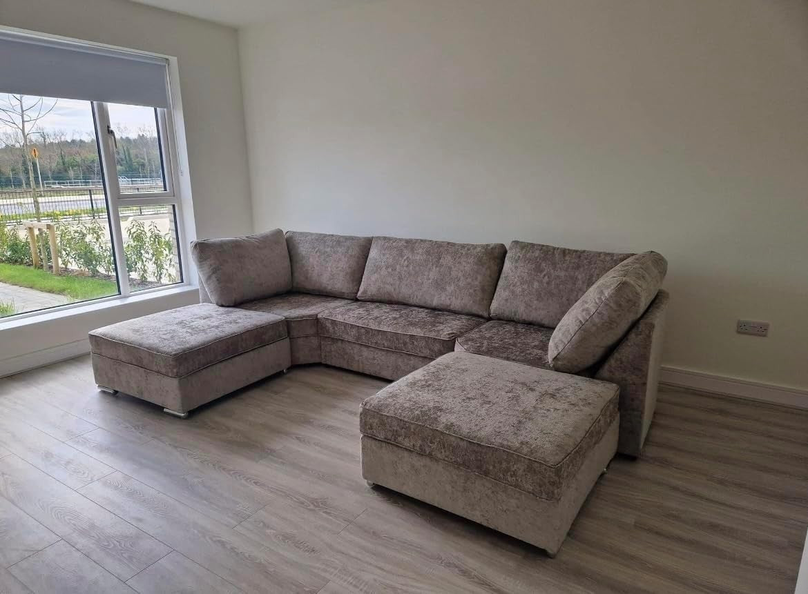 Grey Corner Sofa L or U Shaped Chenille Highback with Footstool Option