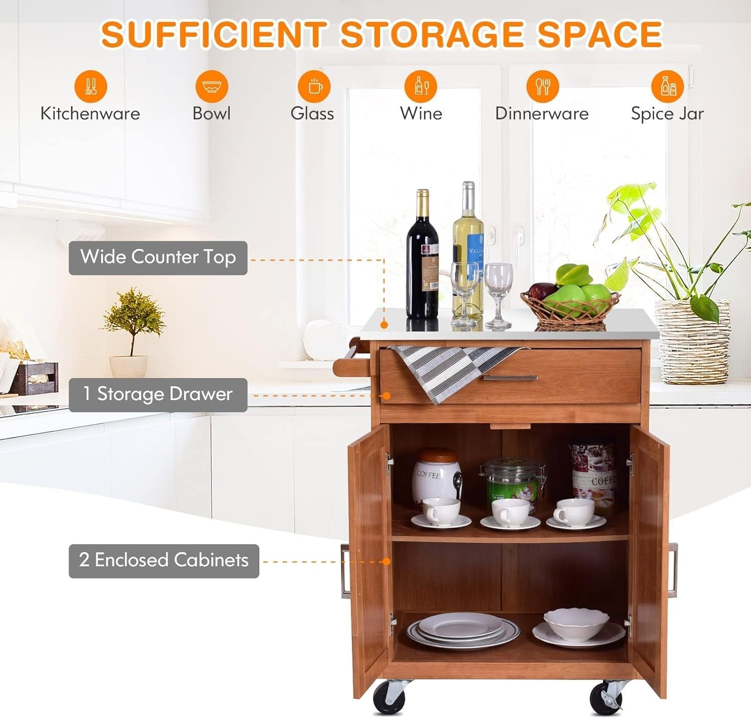 Kitchen Island Trolley Stainless Steel Top Cabinet Cart