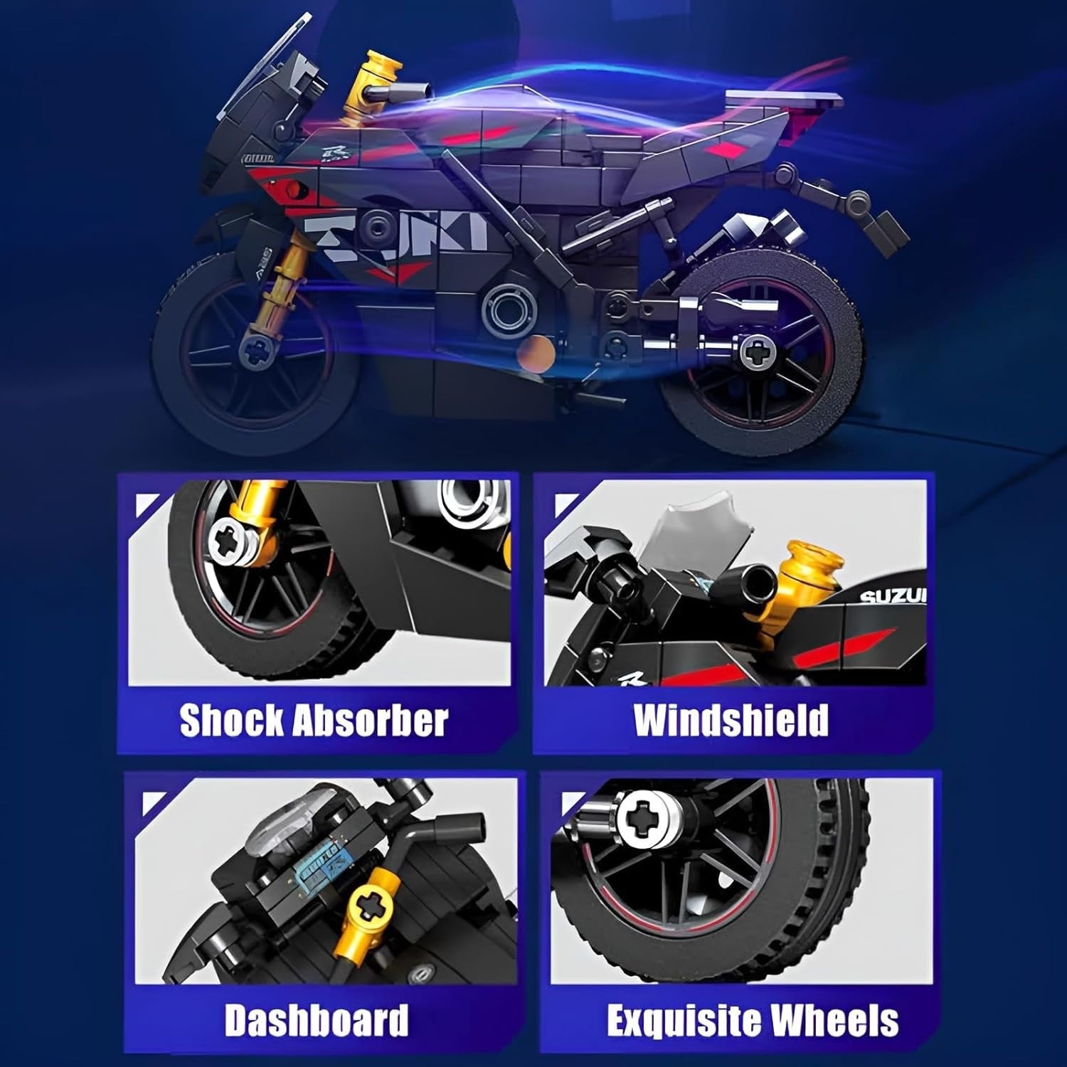 326-Piece Motorcycle Building Kit with Rotatable Handlebars & Shock Absorbers