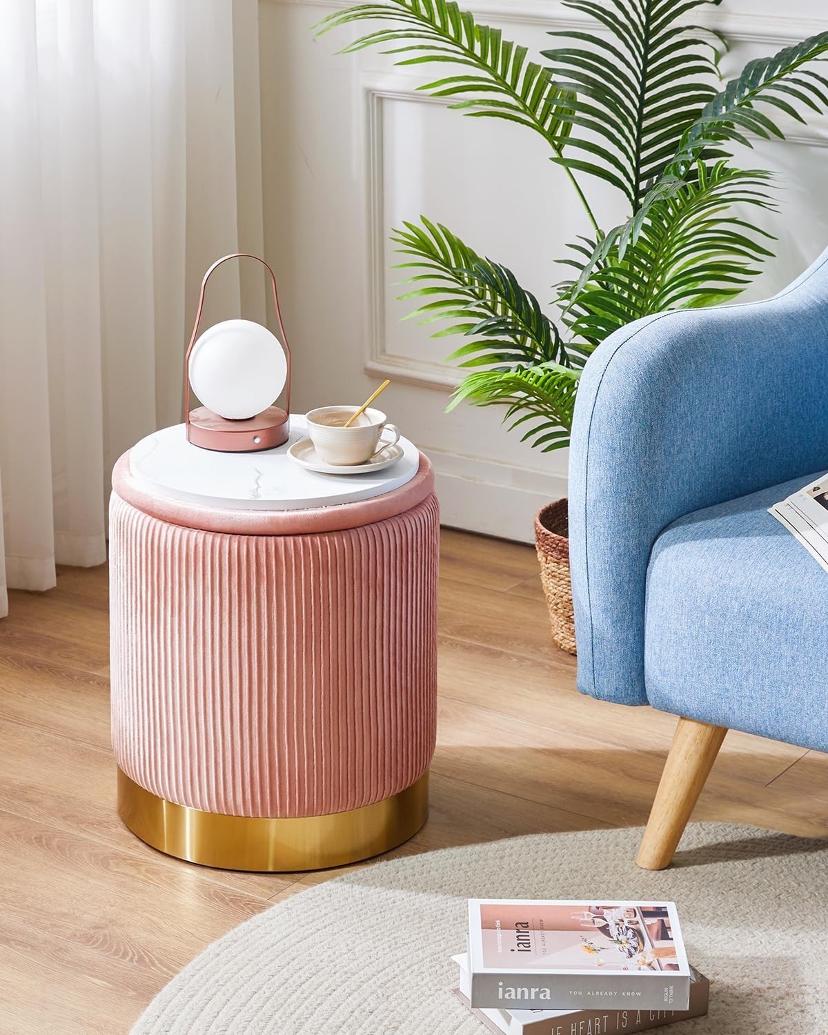 Set of 2 Pink Round Storage Ottomans – Velvet Pouffe Stools & Side Tables