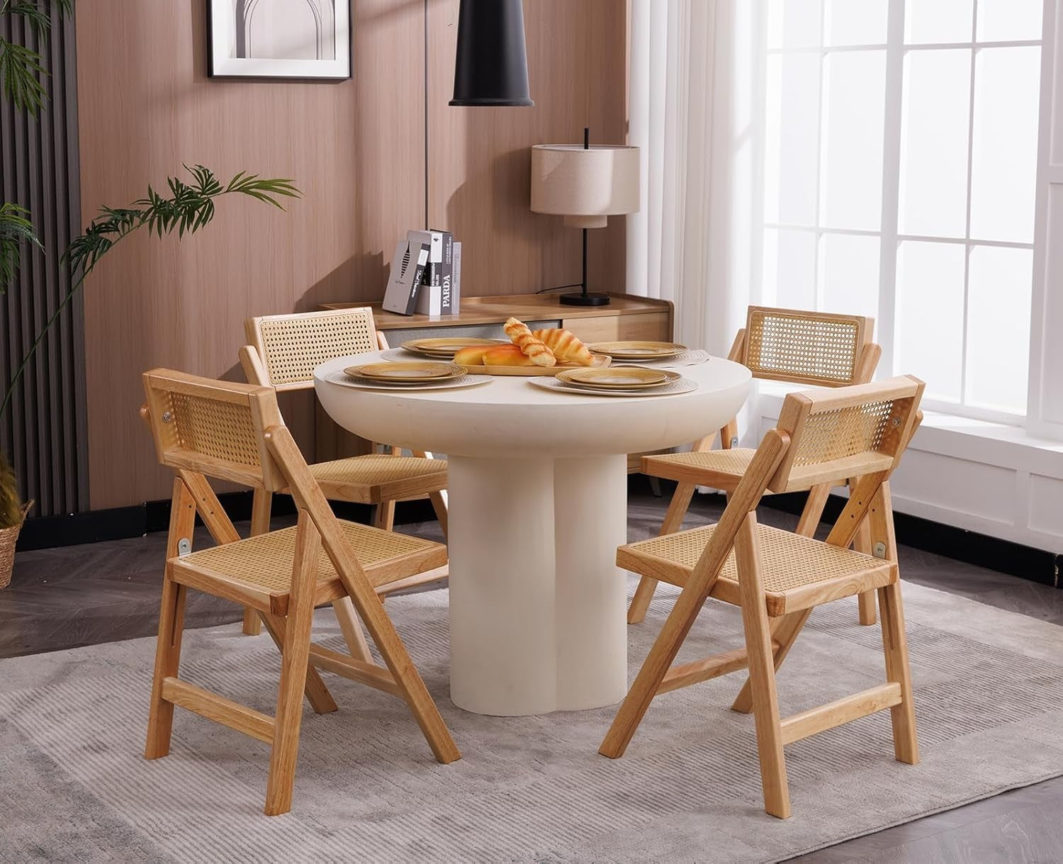 Beige Foldable Rattan Dining Chairs Set of 2 Space Saving Wooden Kitchen Seats