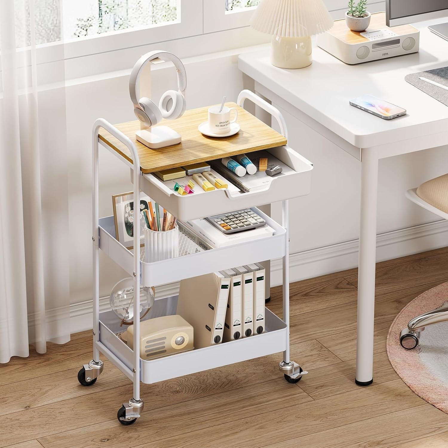 3 Tier Rolling Storage Trolley Cart Wooden Top Drawer Utility Organiser