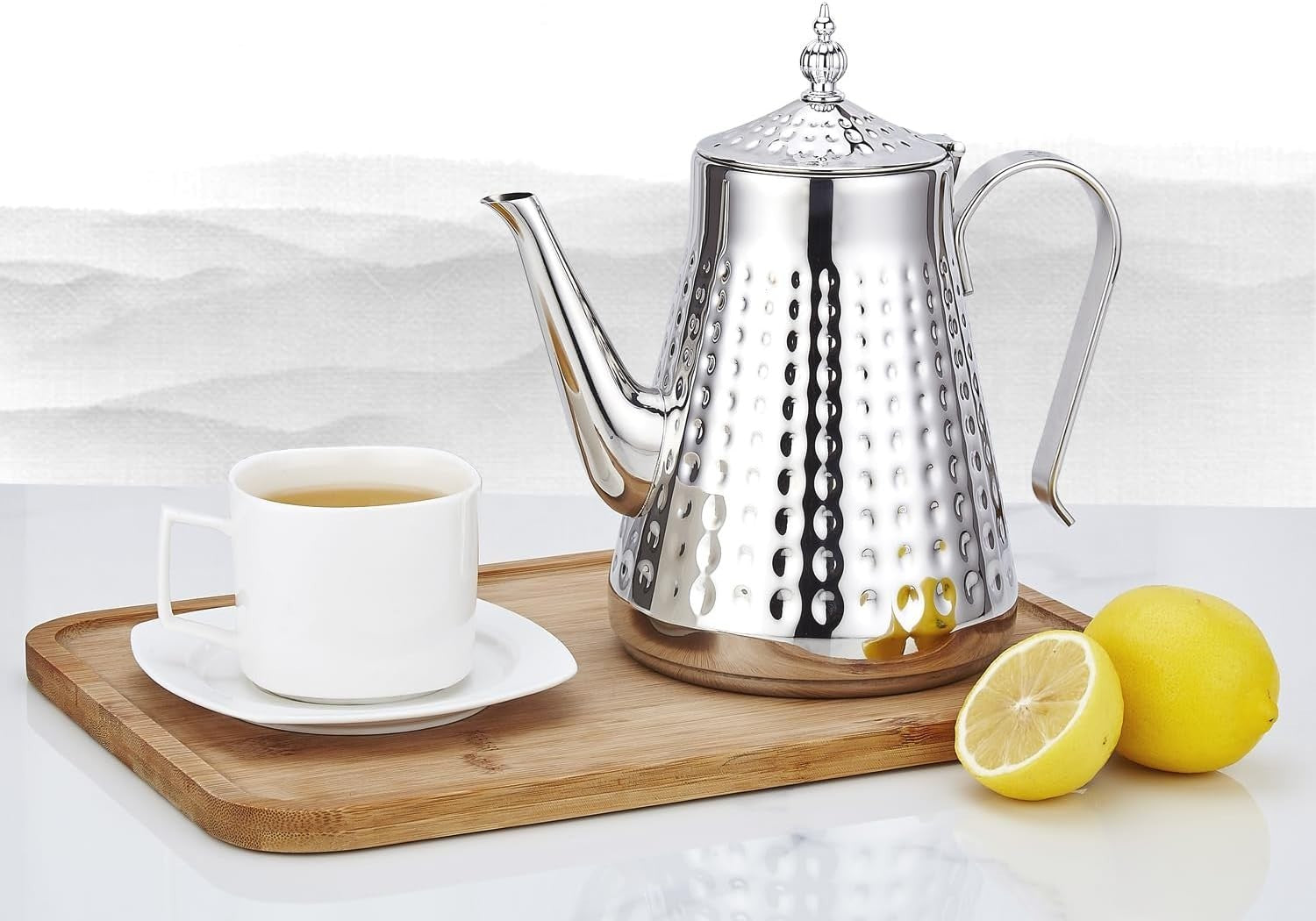 Stainless Steel Teapot 60oz 1.8L Tea Pot w/ Infuser Hammered Finish