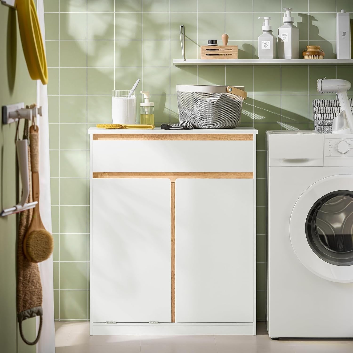 Slim Bathroom Storage Cabinet with Drawer & Laundry Basket White Unit