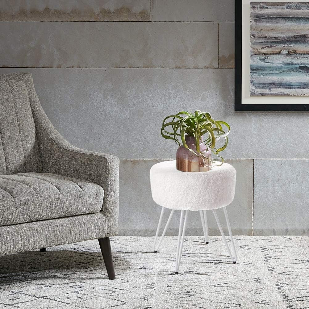 White Plush Round Vanity Stool with Metal Legs – Soft Padded Dressing Chair