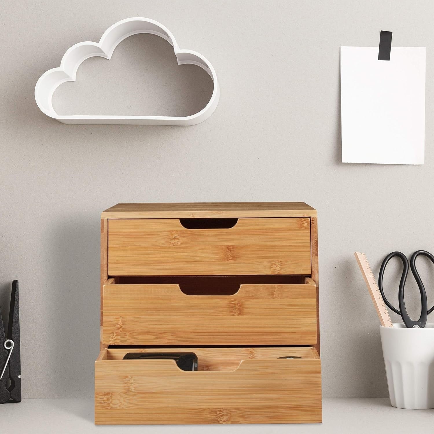 Bamboo Desk Organiser with 3 Drawers & Shelf – Office Storage Box