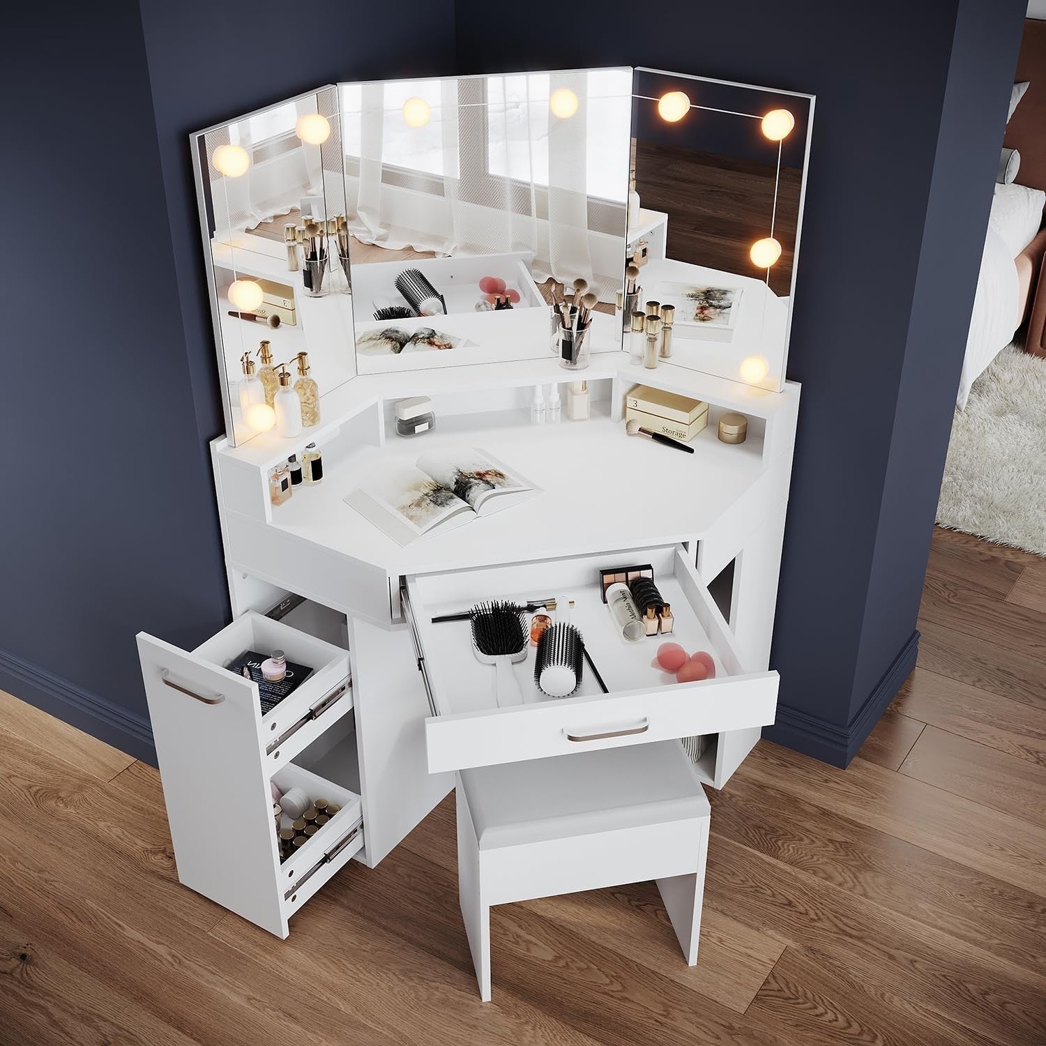 Corner Dressing Table Vanity with LED Lighted Mirror Stool Drawers Storage White