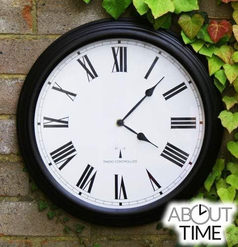 Outdoor Radio Controlled Wall Clock 38cm Black Roman Numerals Garden Patio