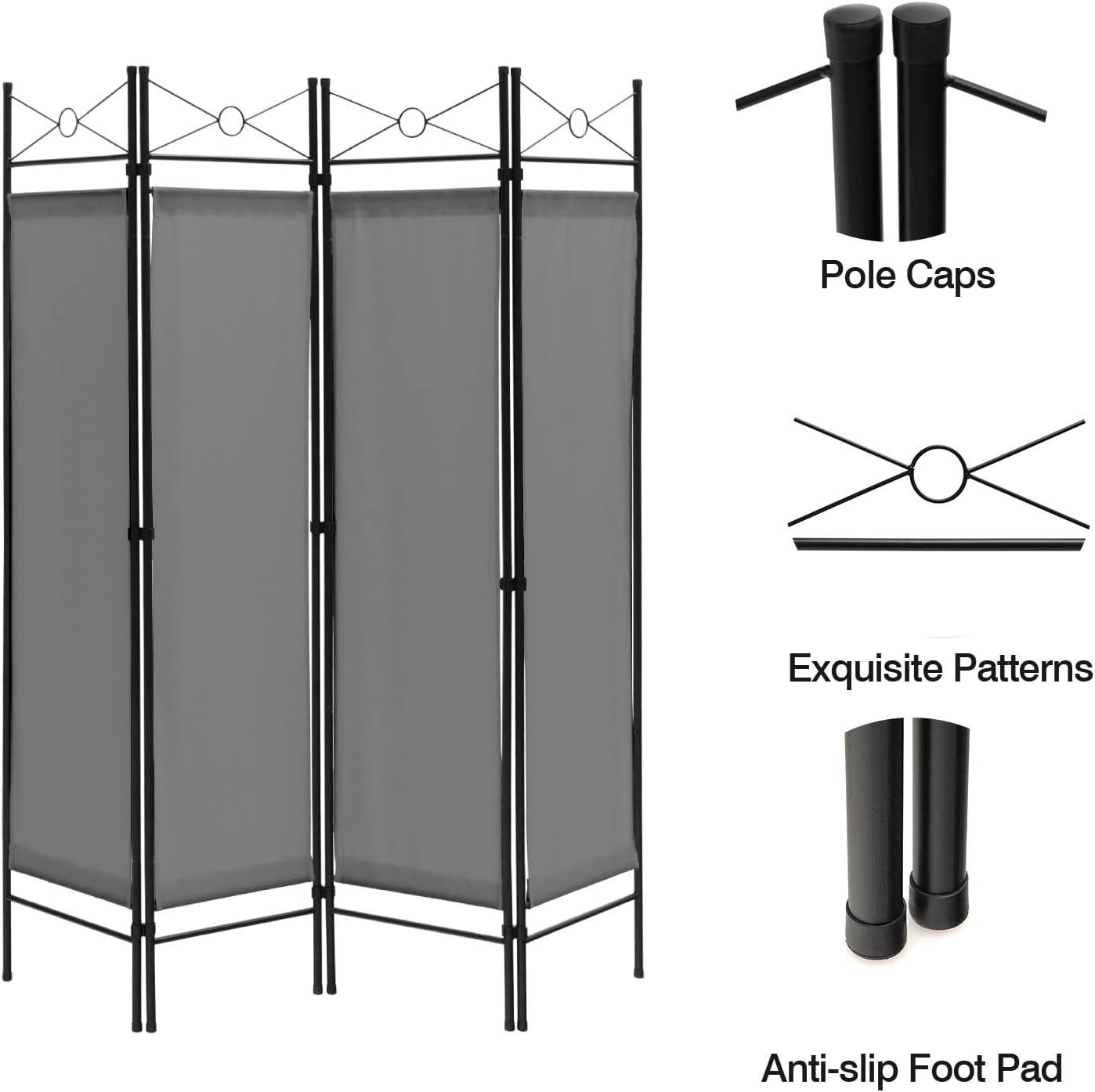 4 Panel Grey Folding Room Divider Privacy Screen Partition for Bedroom Office