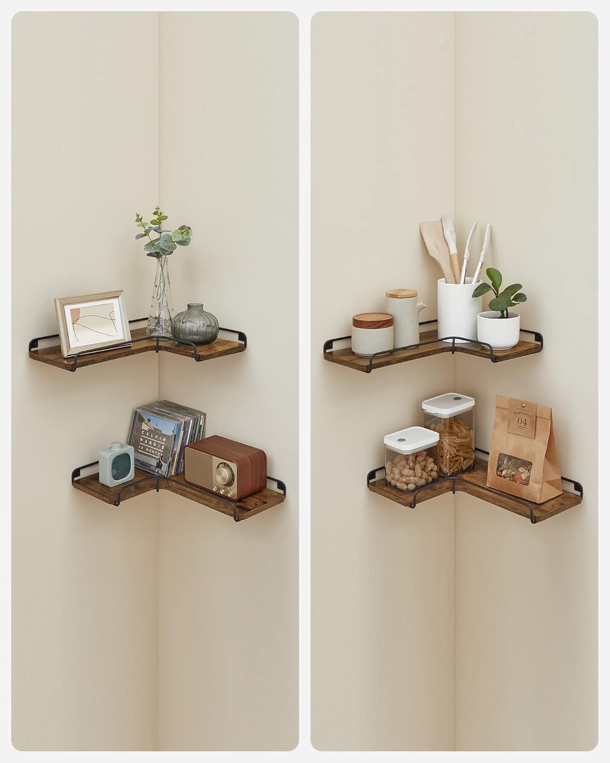 Rustic L-Shaped Floating Corner Shelves Set of 2 Wall Mounted Storage Rack