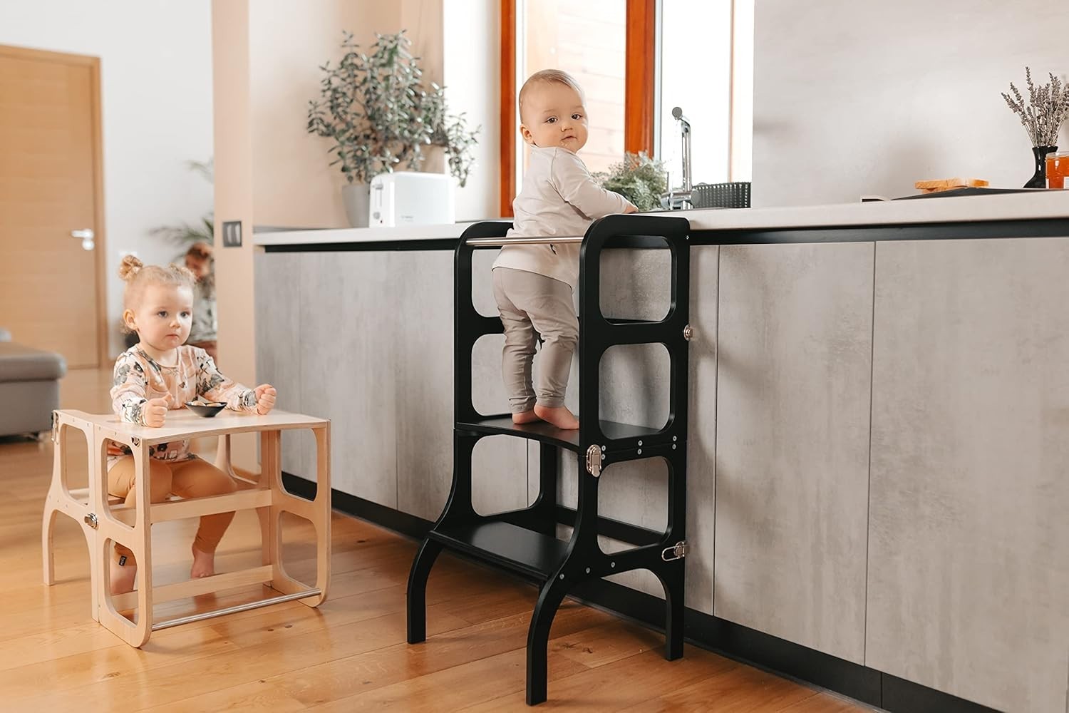 Montessori Learning Tower & Table 2-in-1 – Black Stool w/ Brass Clasps