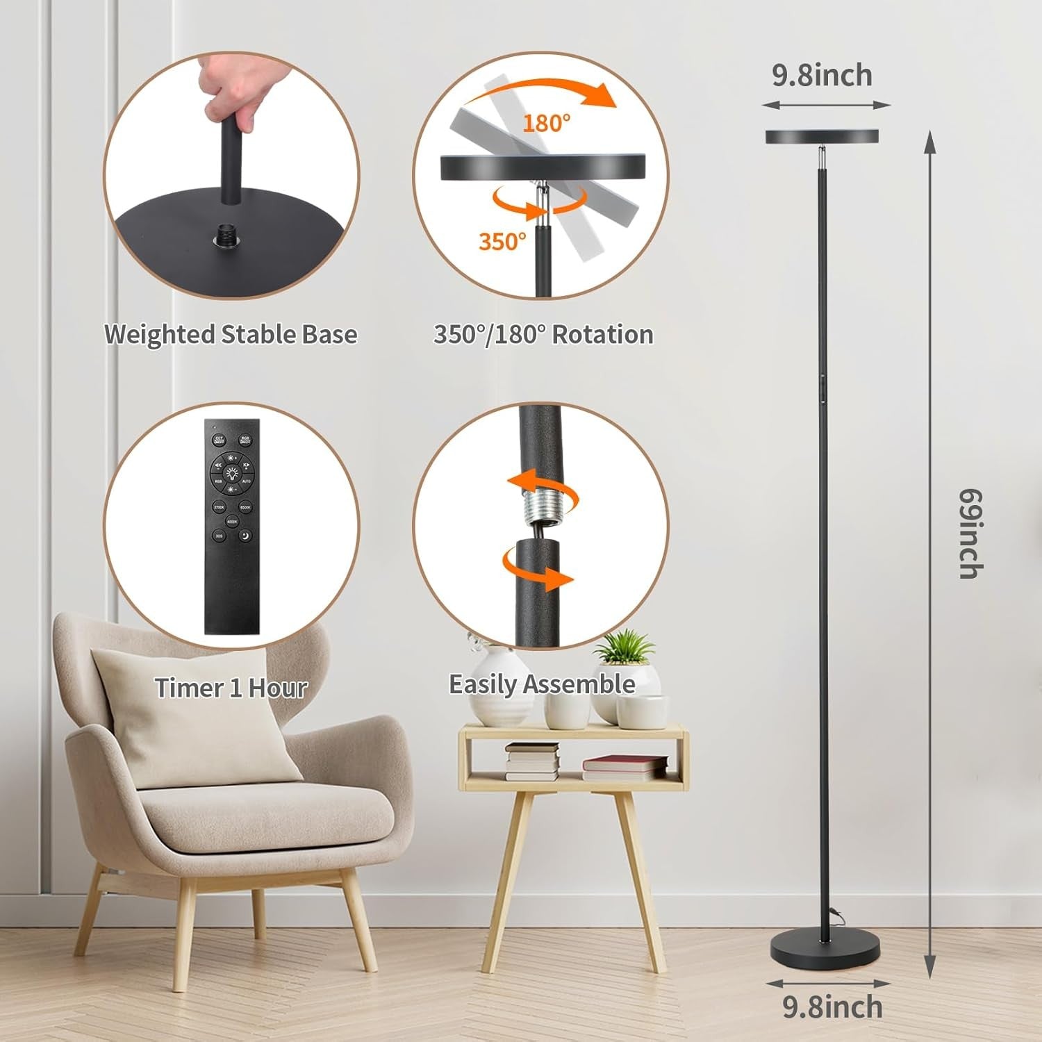 LED Floor Lamp 36W 3600LM Dimmable Torchier with Reading Light Remote