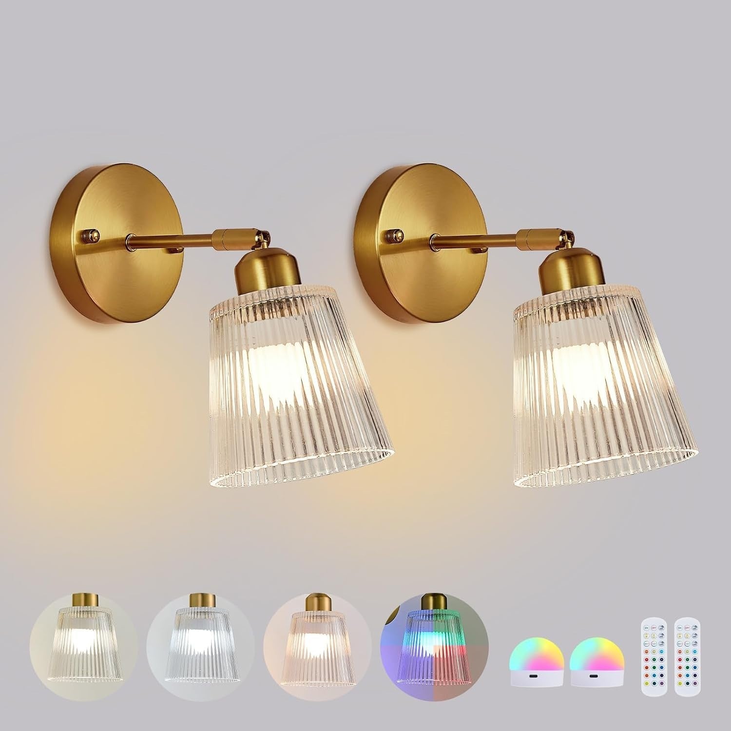 Wireless Rechargeable White Glass Wall Sconce, Remote Control LED Light