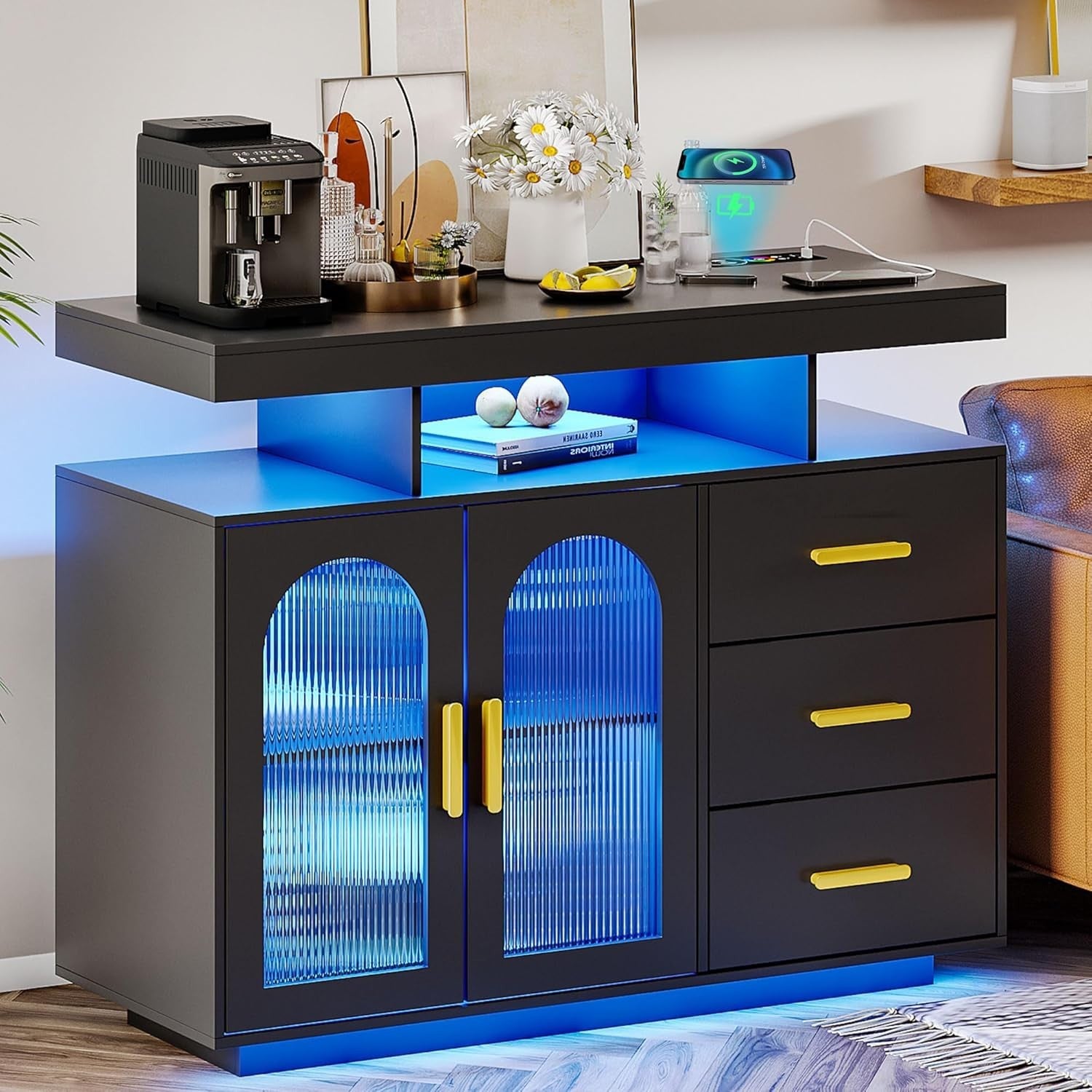 LED Sideboard Buffet with Wireless Charging, RGB Lights & USB Storage