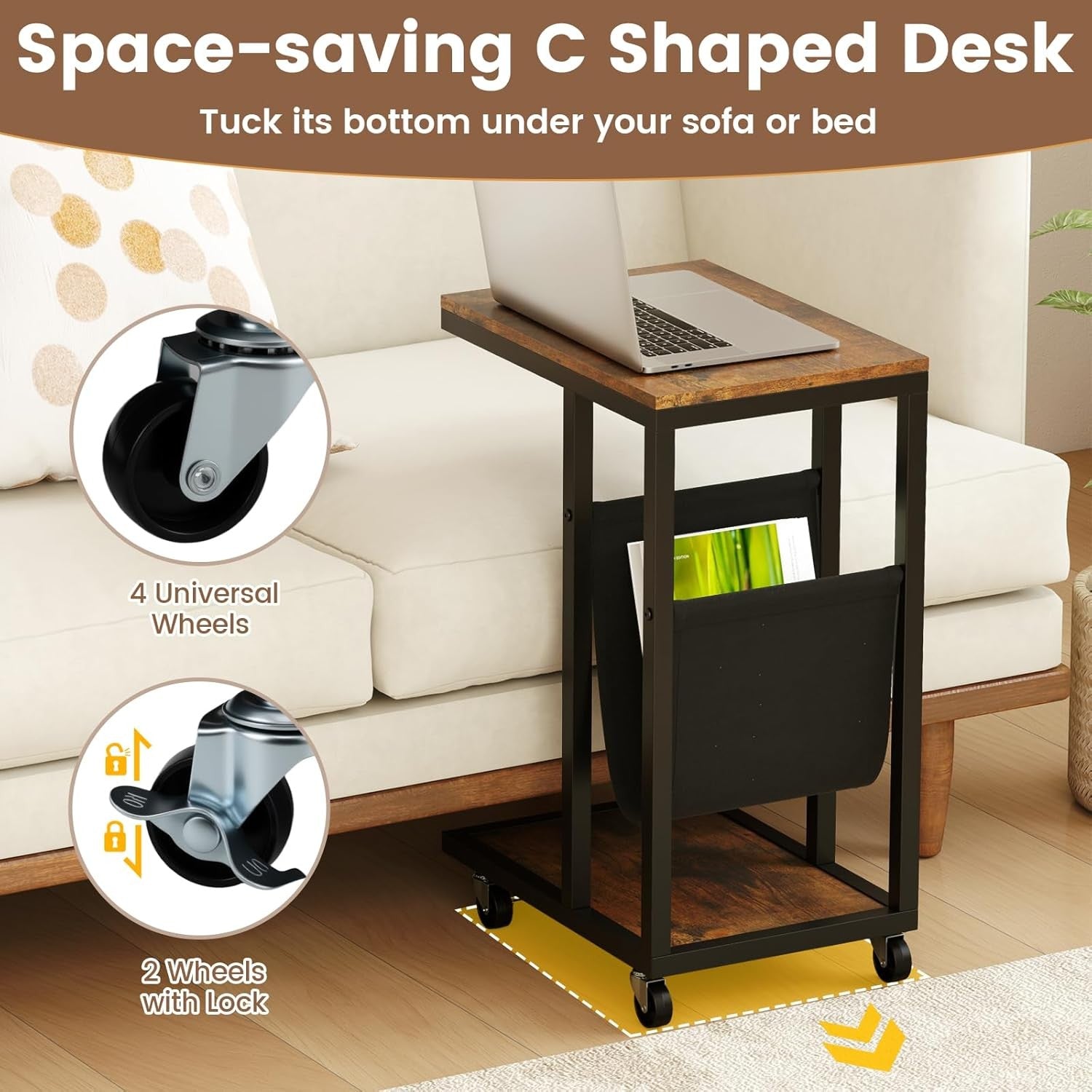 Rolling C-Shaped Side Table Rustic Brown | Sofa Laptop Table w/ Magazine Rack