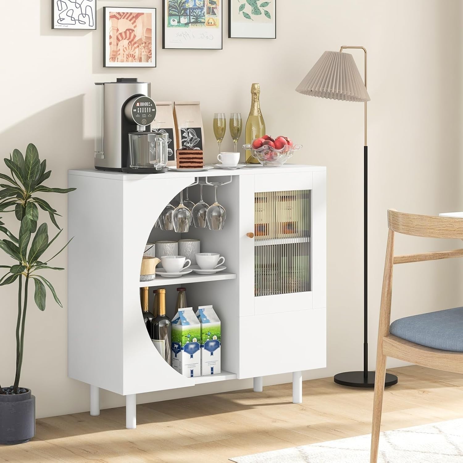 White Kitchen Buffet Sideboard 80cm Wooden Storage Cabinet Glass Doors