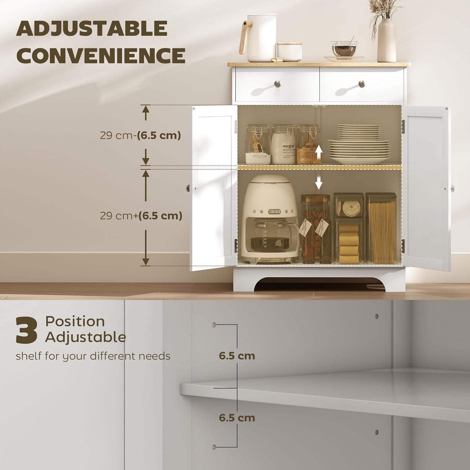 White Kitchen Sideboard Cabinet with Wood Top, Drawers & Adjustable Shelf