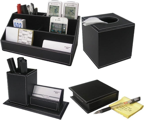4-Piece PU Leather Desk Organizer Set with Pen, Memo & Tissue Holder