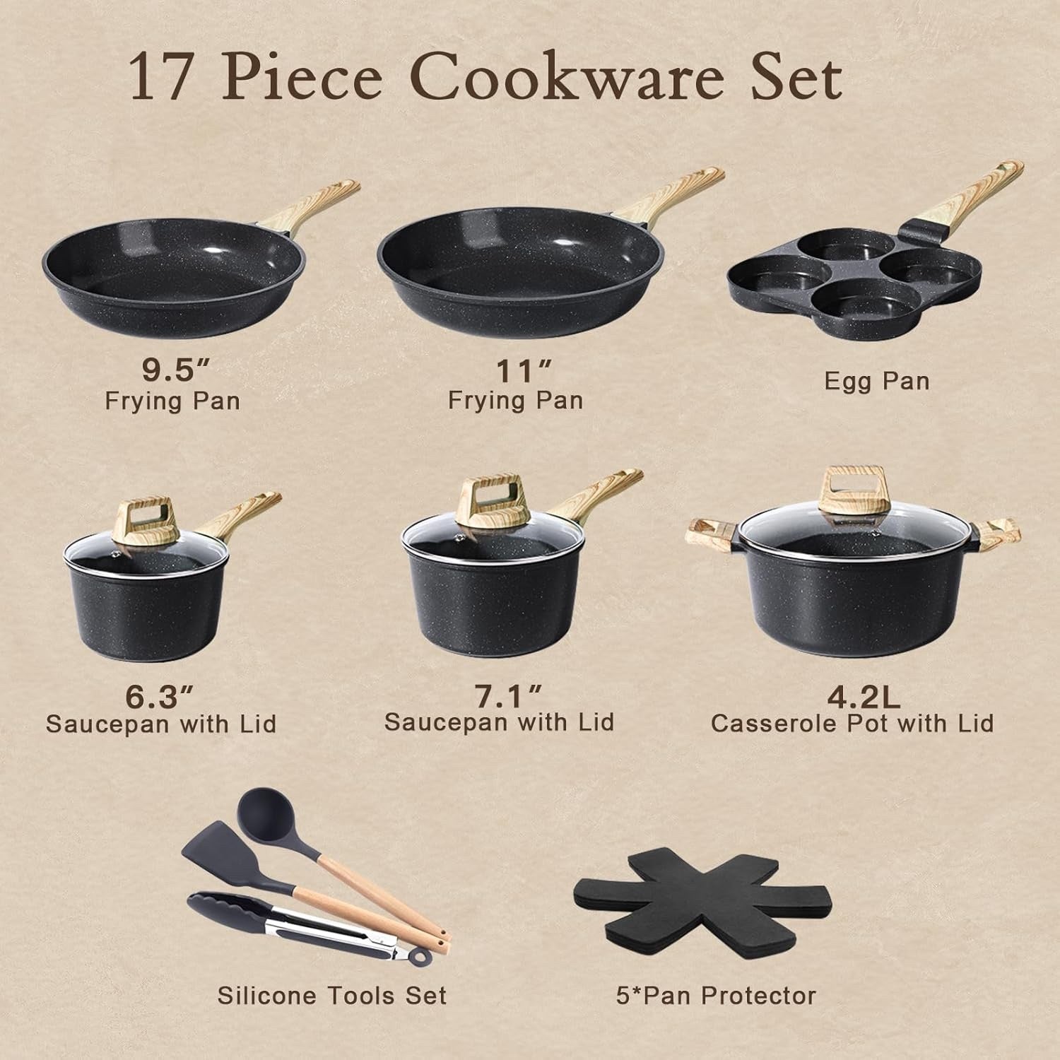 17Pcs Dark Grey Ceramic Non-Stick Cookware Set with Lids & Utensils, PFAS-Free