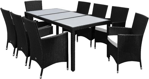 8 Seater Rattan Garden Dining Set with Cushions & Glass Table Black
