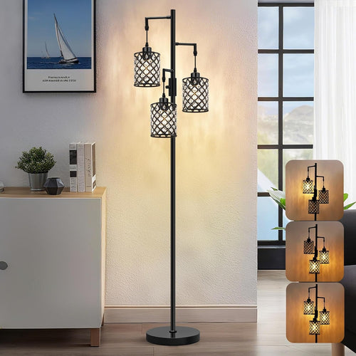 Black Crystal Floor Lamp 3 Light Standing Tall Modern Living Room Light