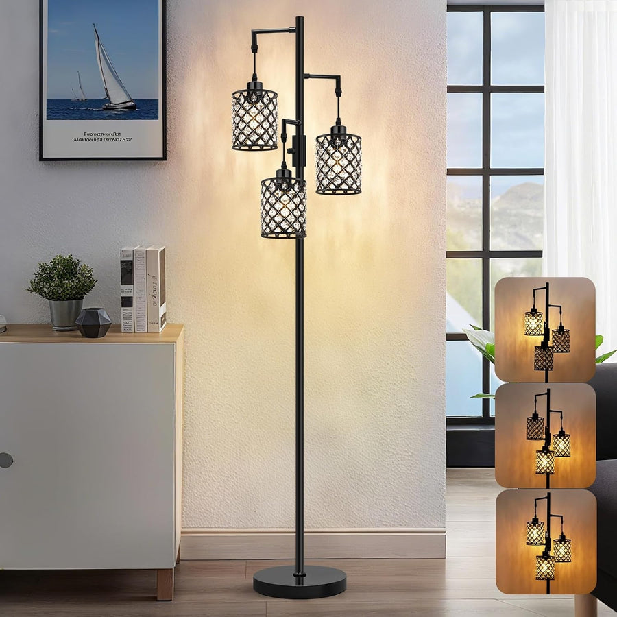Black Crystal Floor Lamp 3 Light Standing Tall Modern Living Room Light