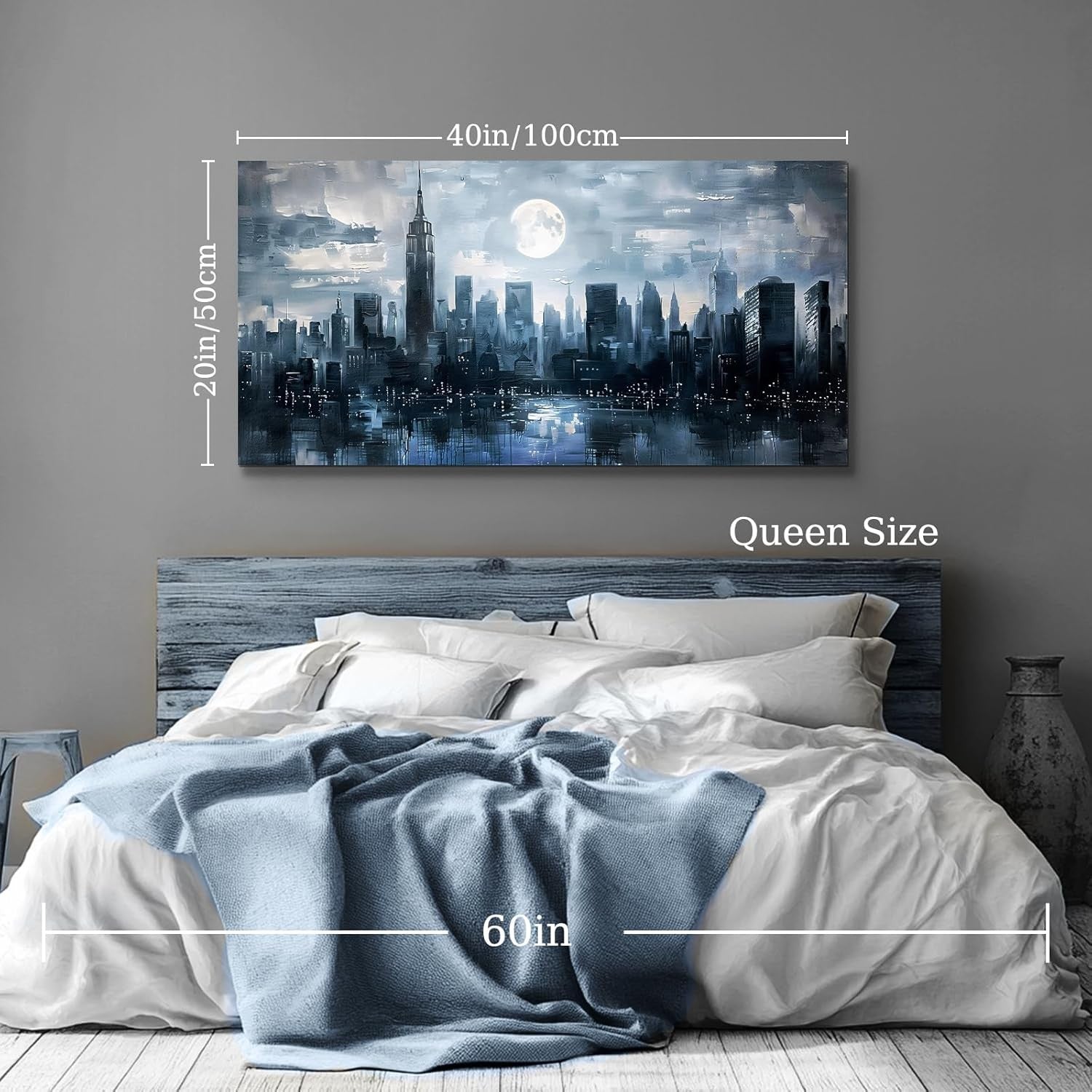 Large Blue City Night Canvas Wall Art – Modern Abstract Urban Decor 20x40"