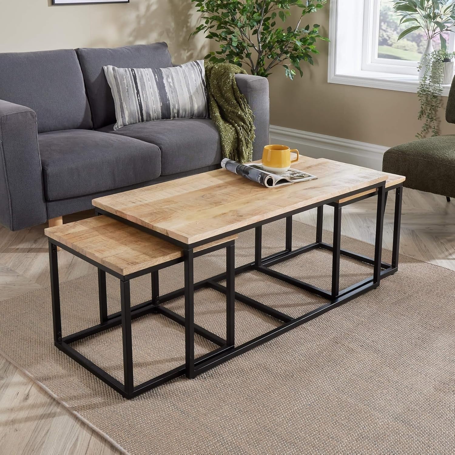 3pc Nesting Coffee Tables Set Mango Wood Metal Frame Modern Industrial Flair