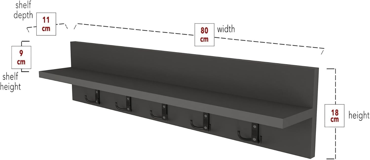 Wall Mounted Coat Rack 80cm Shelf 5 Hooks Floating Storage Rail Anthracite