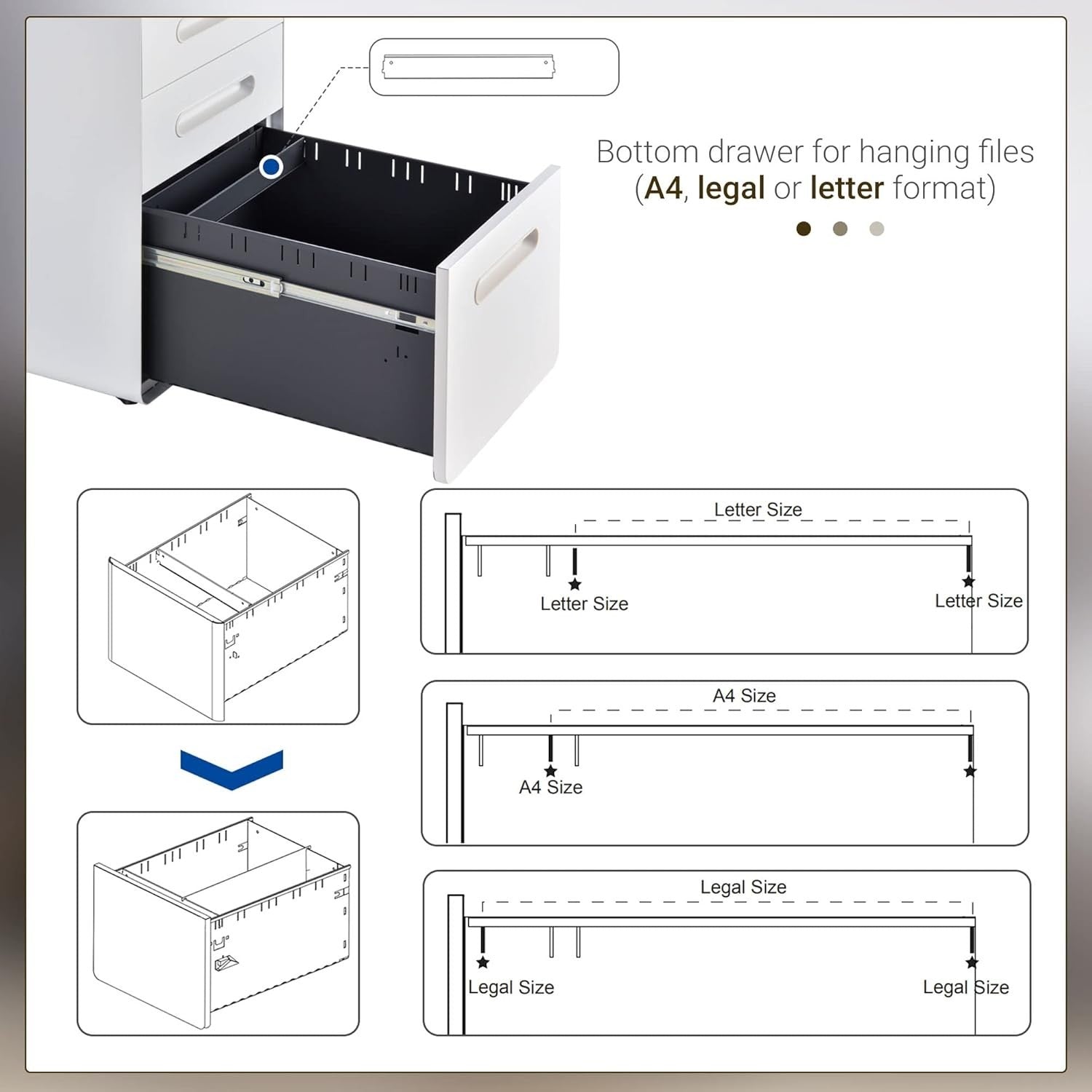 White 3 Drawer Lockable Filing Cabinet with Wheels A4 Home Office Storage