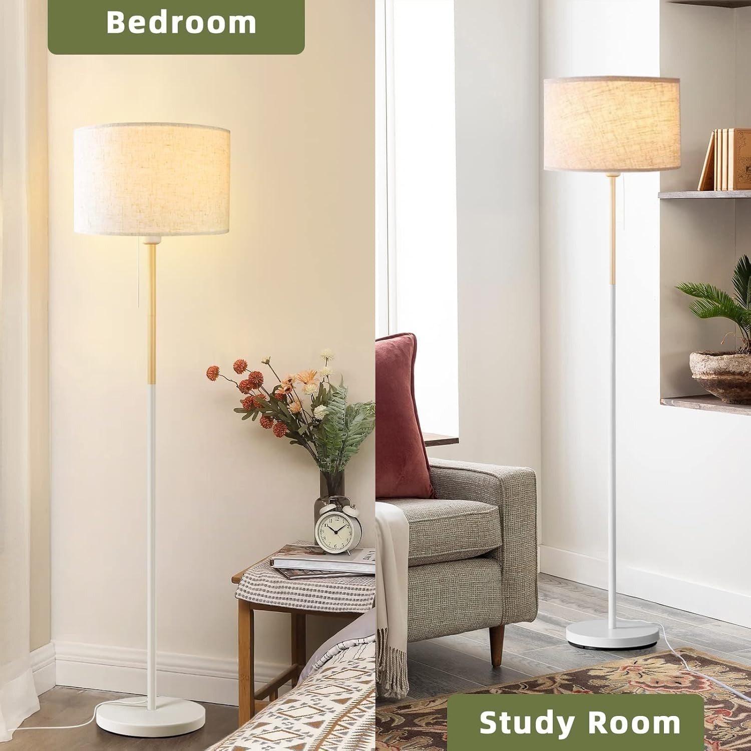 Farmhouse Floor Lamp White Linen Shade Tall Standing Reading Light LED