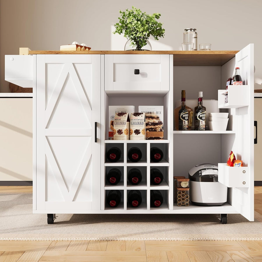 White Natural Kitchen Island Foldable Table Wine Rack