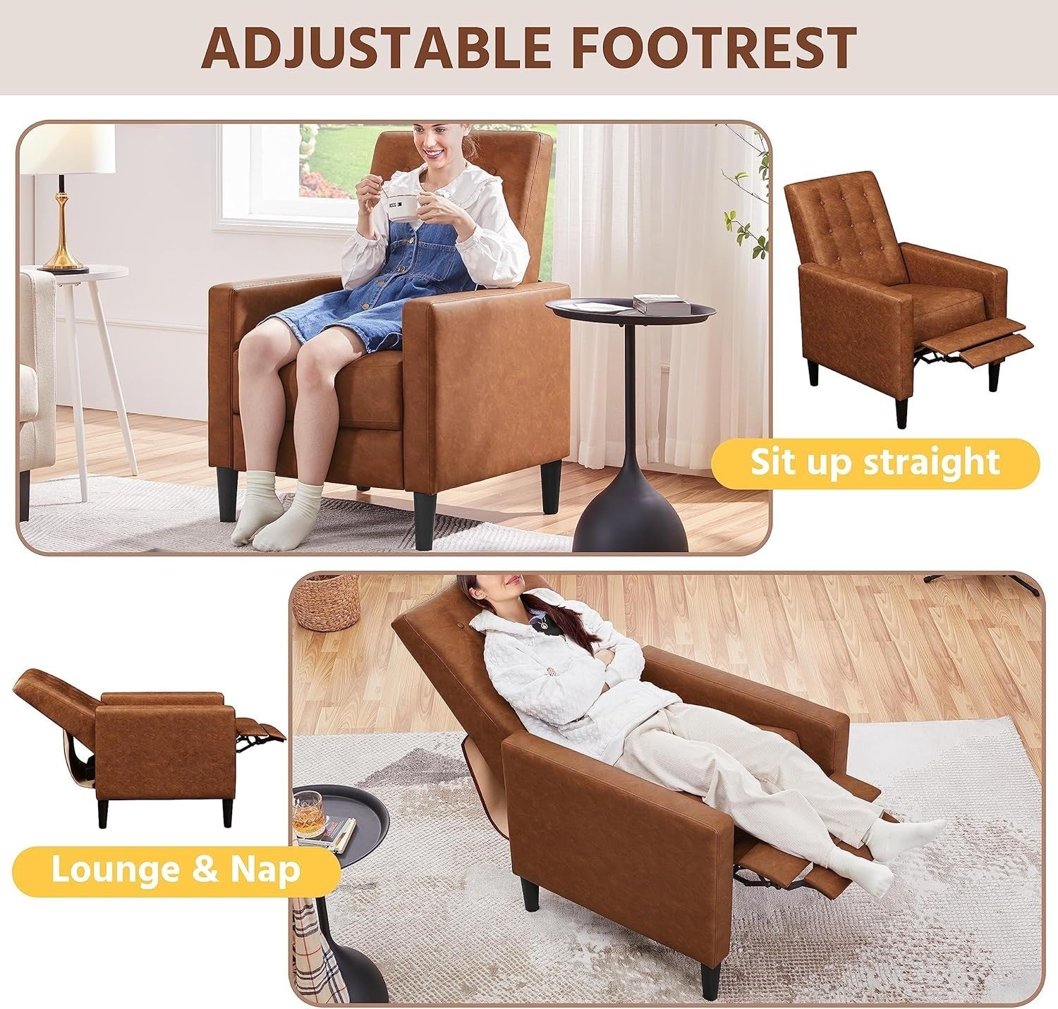 BrownFaux Leather Recliner Chair Sofa Adjustable Footrest Padded Seat