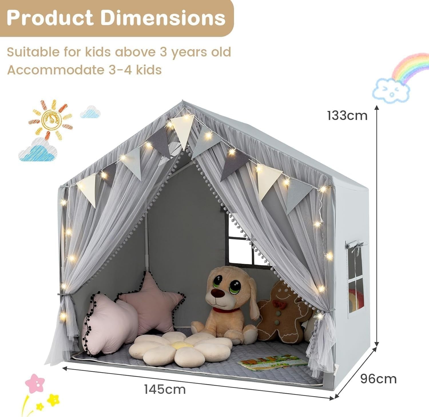 Grey Kids Fairy Castle Tent Indoor Outdoor Playhouse w Lights Mat