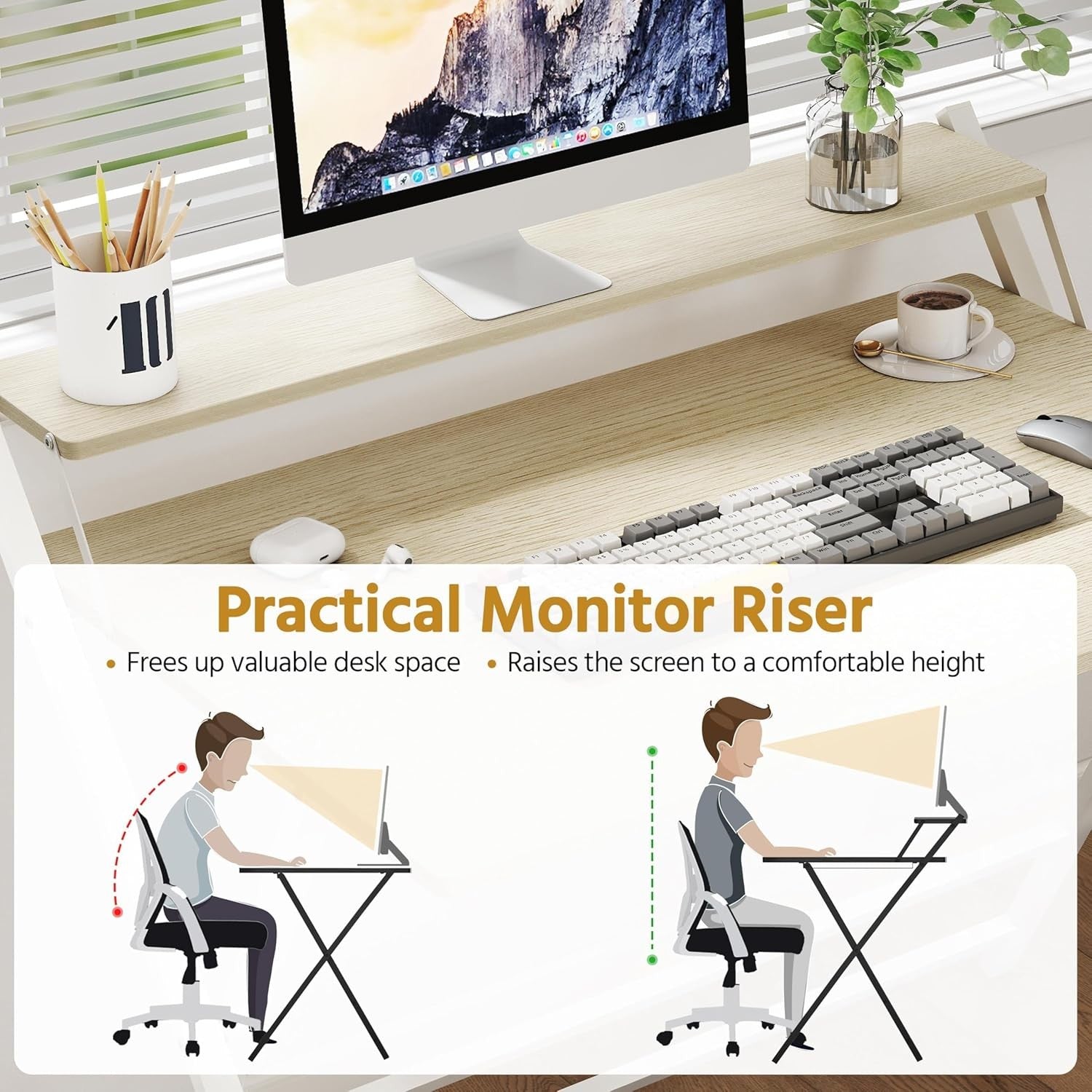 Foldable Computer Desk Large 100cm with Monitor Stand Small Space Wood