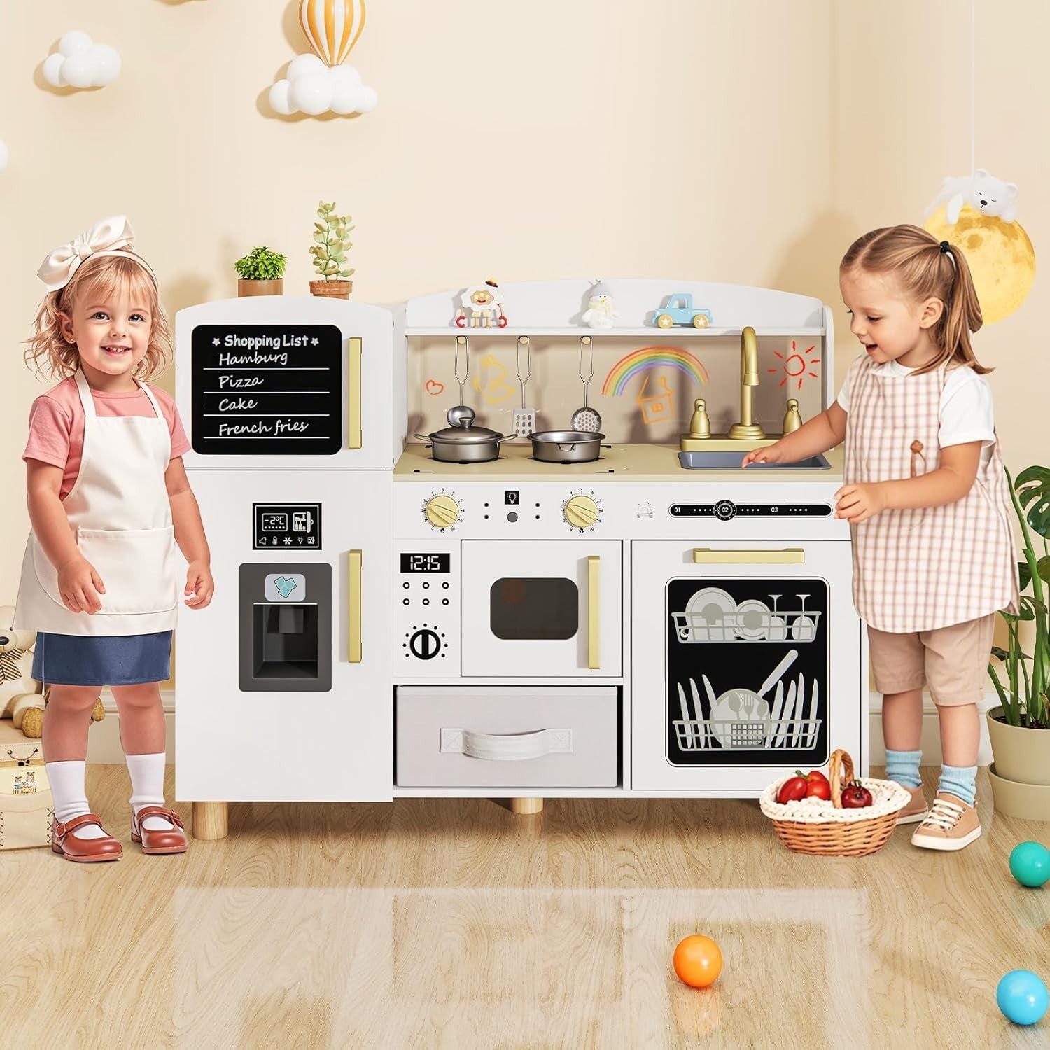 Wooden Kids Play Kitchen White Ice Maker Dishwasher Cooking Toy