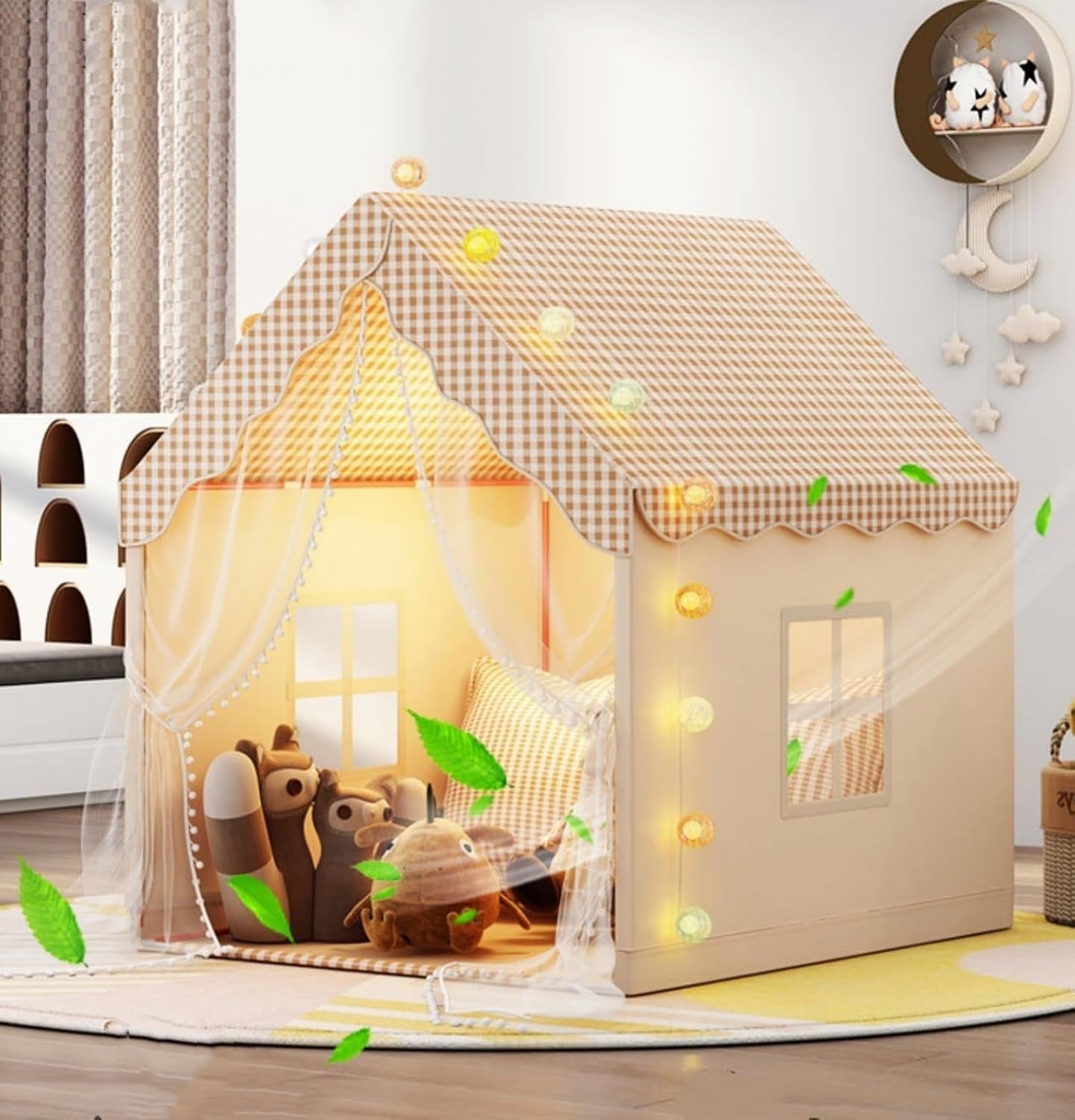 Kids Gingham Play Tent Indoor Rustic Playhouse w Windows Curtains