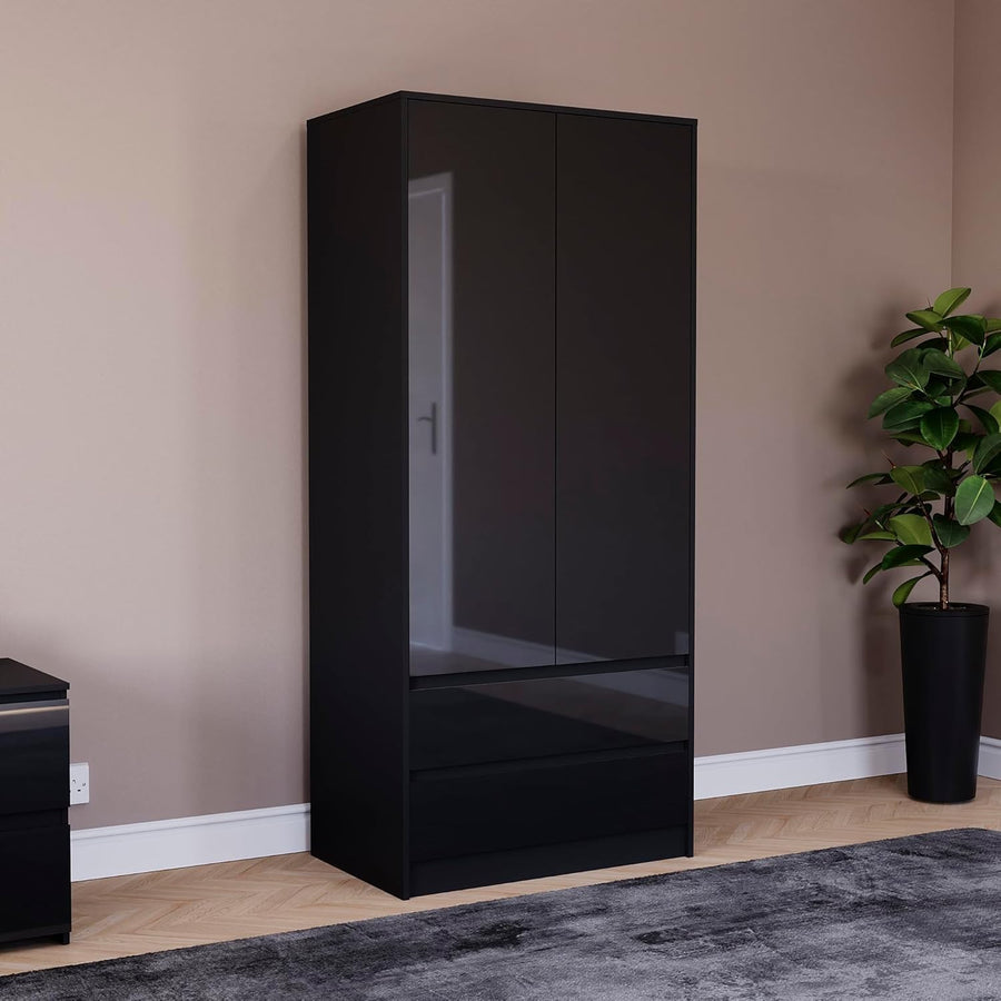 Modern 2 Door Black Wardrobe with 2 Drawers, Hanging Rail & Easy Assembly