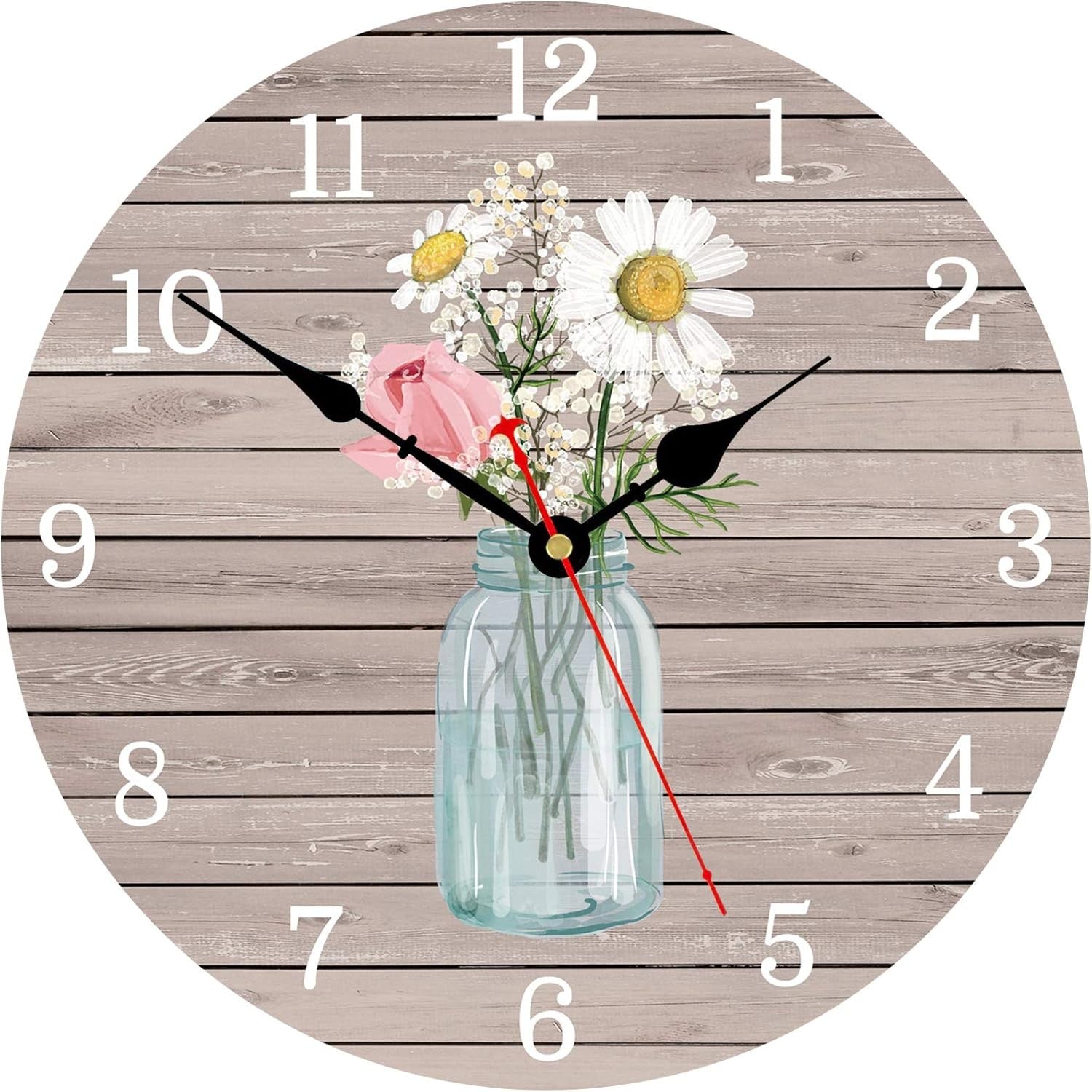 14" Rustic Floral Wall Clock Silent Non-Ticking Wooden Round Home Decor