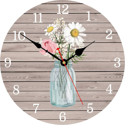 14" Rustic Floral Wall Clock Silent Non-Ticking Wooden Round Home Decor