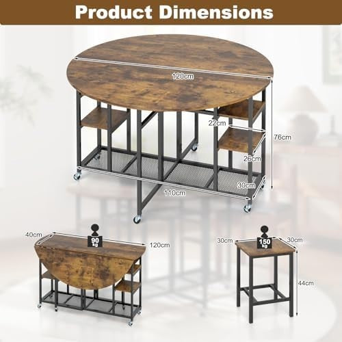 3-Piece Folding Dining Table Set with Stools & Storage Wheels