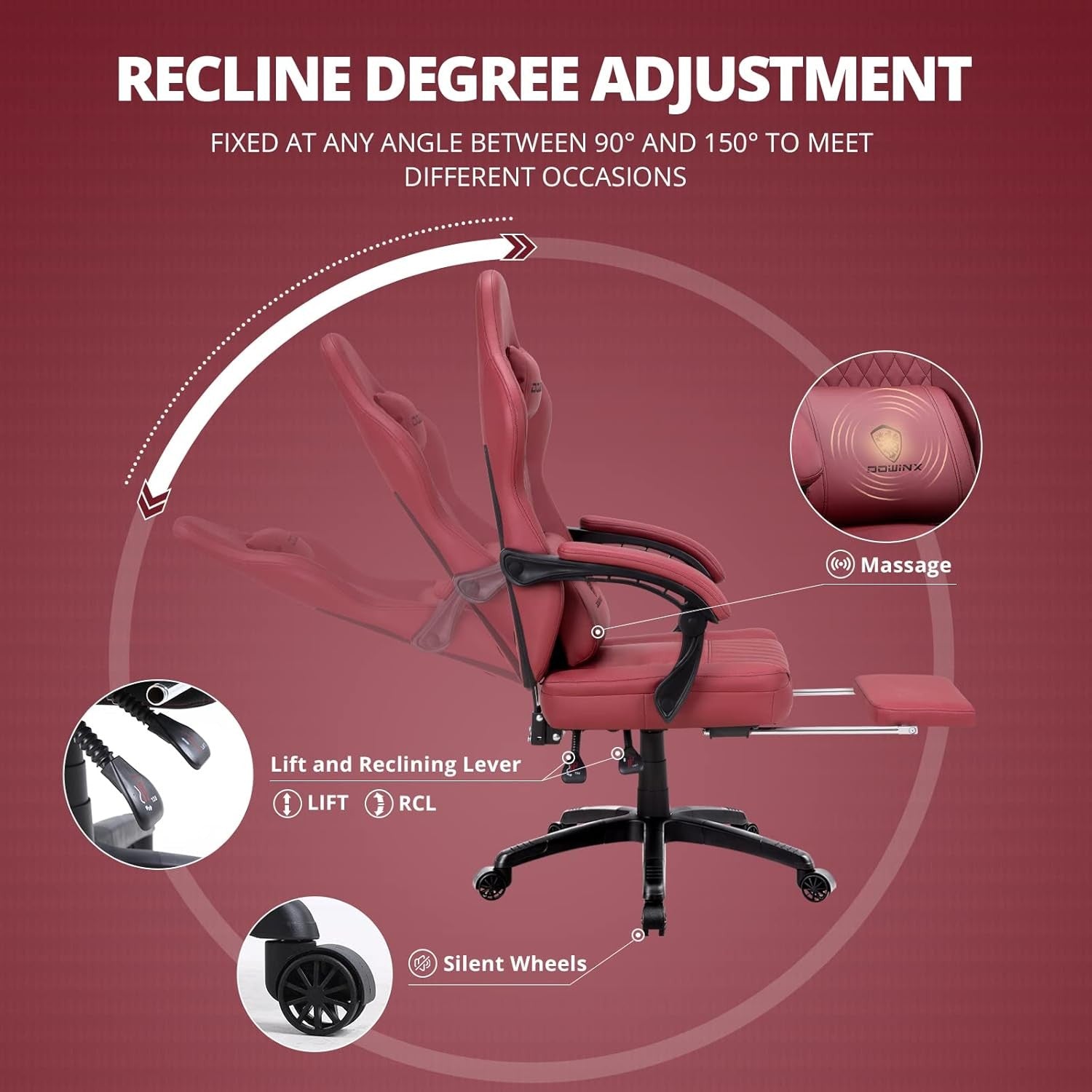Gaming Chair with Pocket Spring Cushion Massage Lumbar Footrest Red