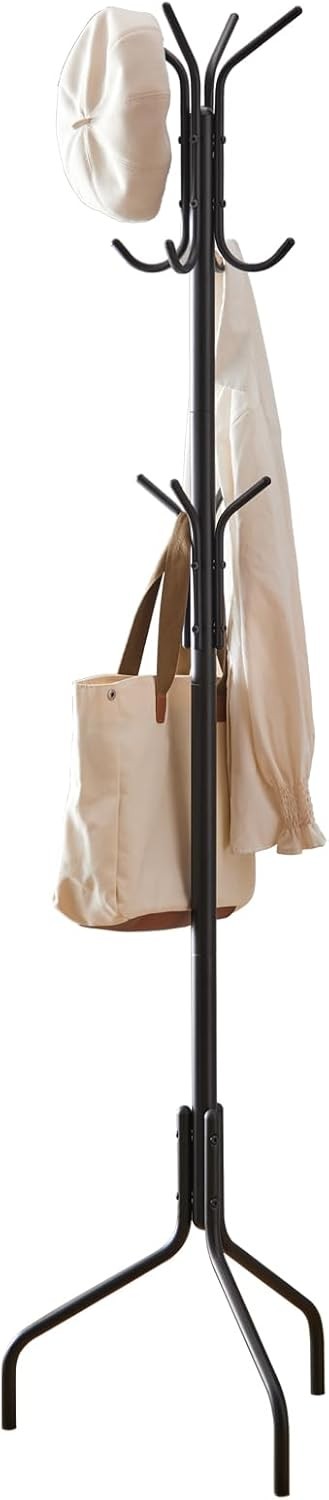 Black Metal Coat Rack Freestanding with 12 Hooks | Hat & Scarf Organizer