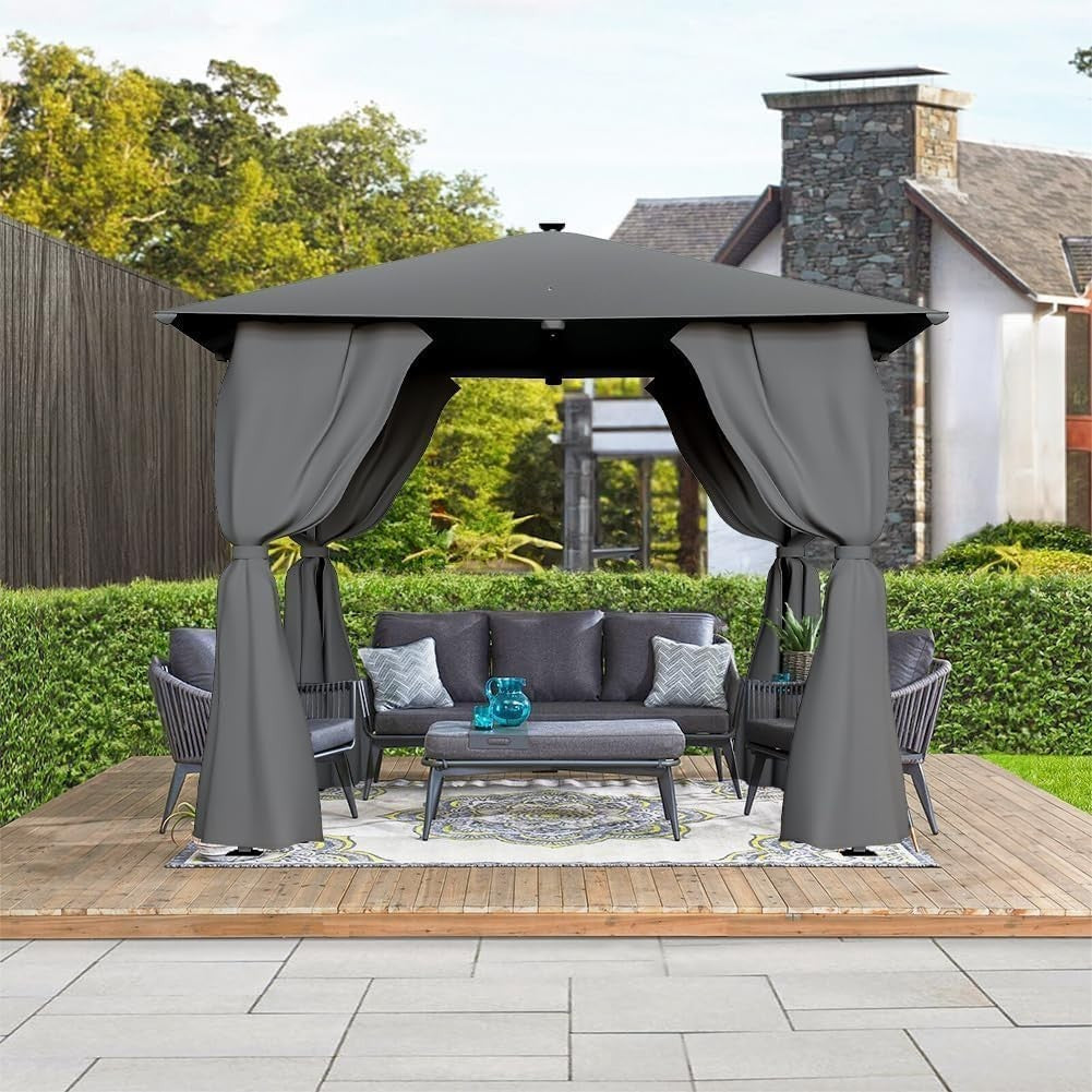 3x3M Metal Gazebo With Solar LED Lights & Curtains Outdoor Garden Patio Canopy
