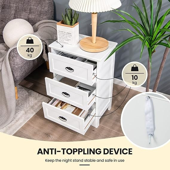 Modern White Bedside Table with 3 Drawers, Wooden Nightstand Storage Unit