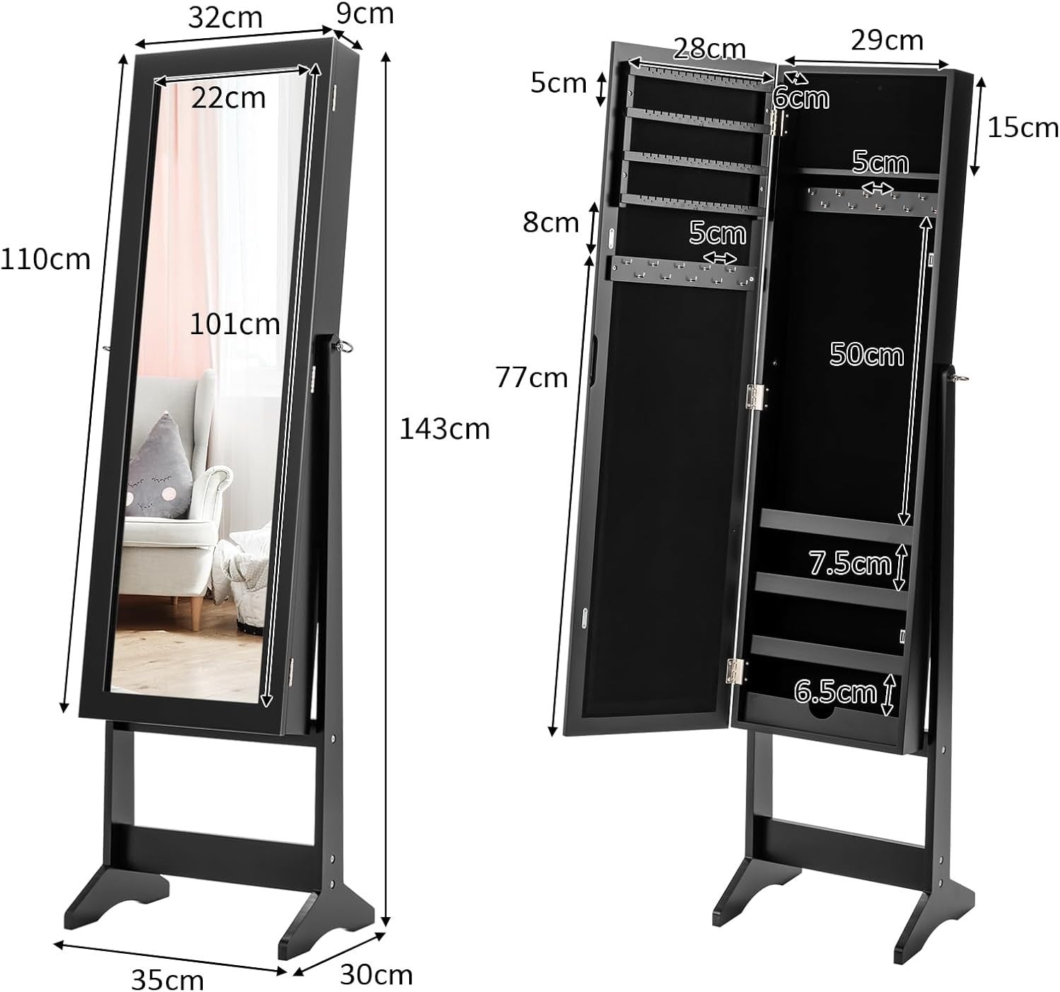 Adjustable Standing Jewelry Armoire Full Length Mirror Storage Black